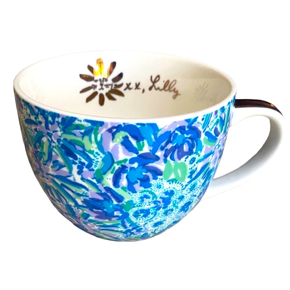 Lilly Pulitzer‎ Tiger XX Lily Blue Floral 12oz Coffee Tea Cup Mug Gold